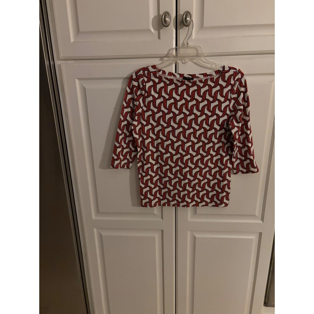 Talbots Petites Red Navy White Geometric Wave Boatneck Top MP 3/4 Sleeve MP